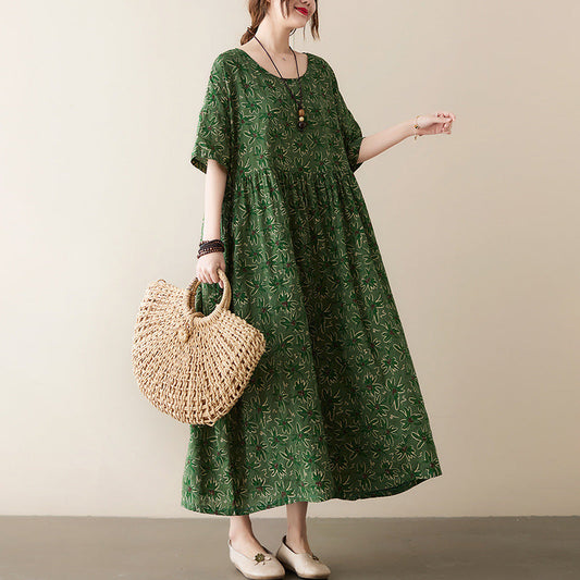 Vintage Leaf Print Plus Sizes Women Dresses-Dresses-Green-One Size-Free Shipping Leatheretro