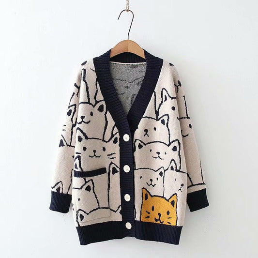 Casual Bear Design Knitted Cardigan Sweaters-Tops-Navy Blue-One Size 45-65 kg-Free Shipping Leatheretro