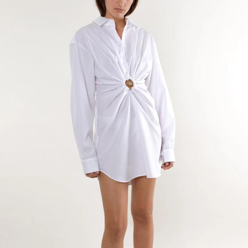 Designed Slim Waist Summer Mini Shirt Dresses-Shirts&Blouses-White-S-Free Shipping Leatheretro