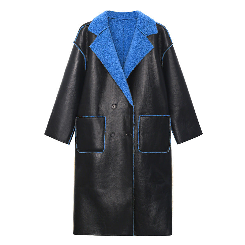 Reversible Leather Fur Thicken Winter Blazer Long Overcoat-Outerwear-Blue-One Size-Free Shipping Leatheretro