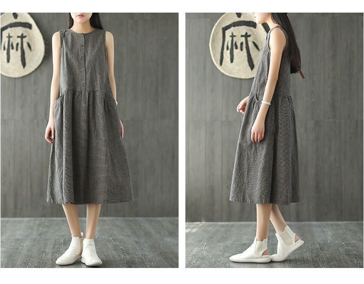 Vintage Sleeveless Linen Summer Midi Dresses-Dresses-Black-M-Free Shipping Leatheretro