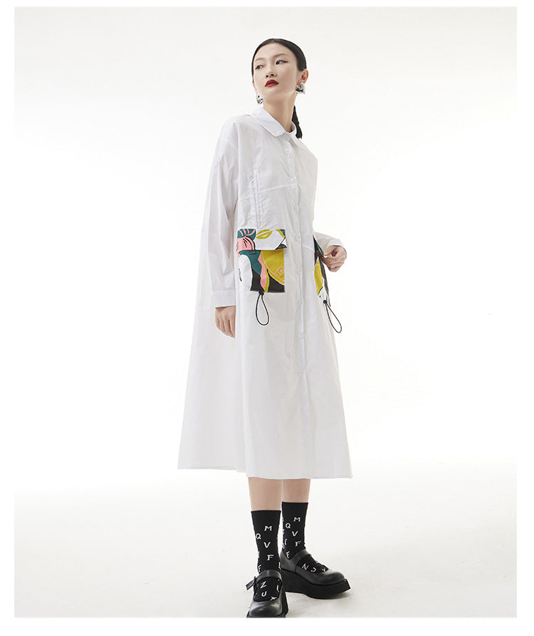 Designed Plus Sizes Long Sleeves Midi Shirts Dresses-White-One Size-Free Shipping Leatheretro