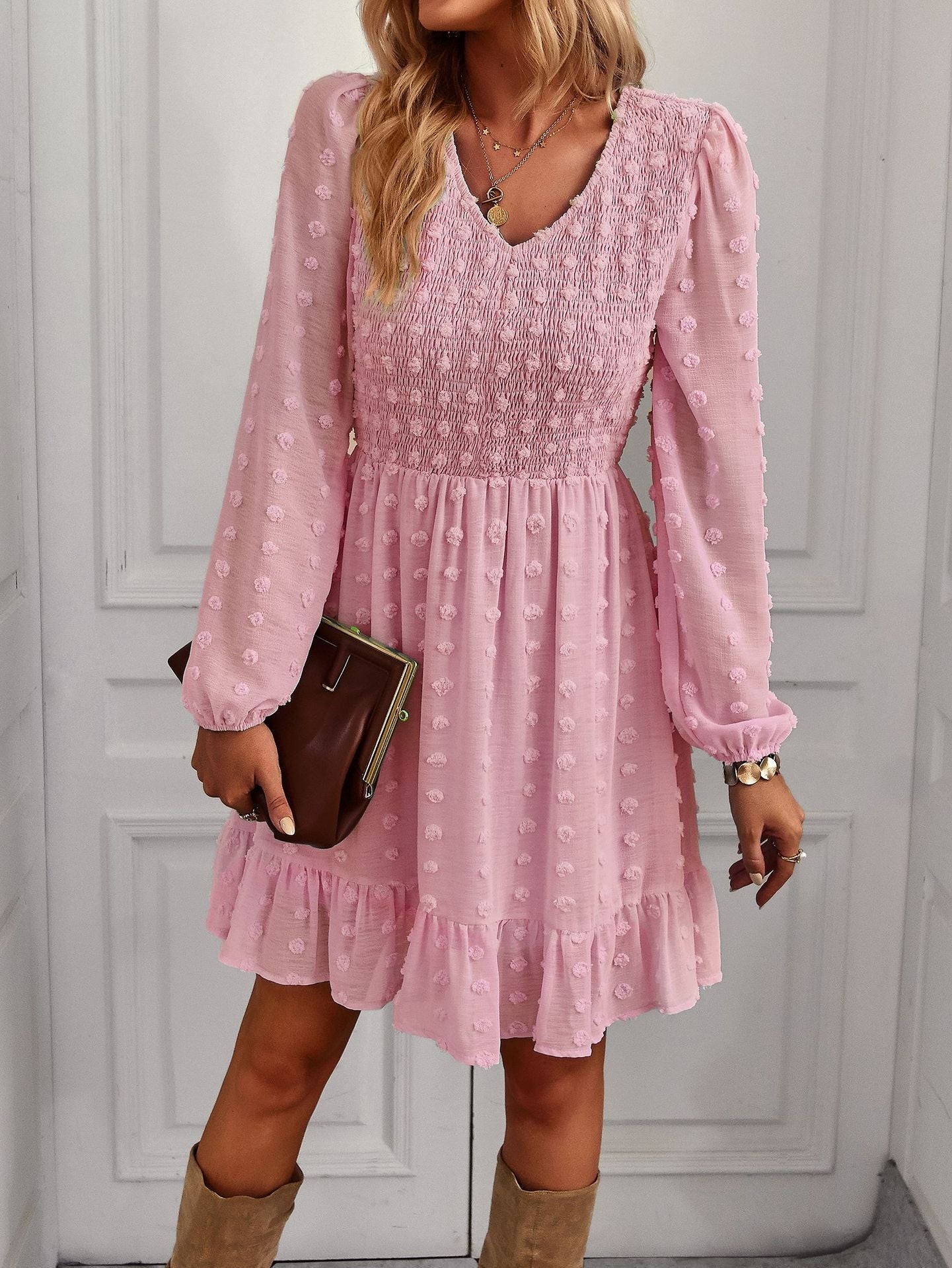 Casual Long Sleeves Short Daily Dresses-Dresses-Pink-S-Free Shipping Leatheretro