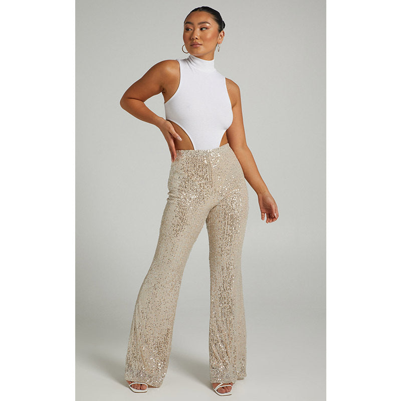 Fashion High Waist Sequined Trumpet Pants for Women-Pants-Apricot-S-Free Shipping Leatheretro