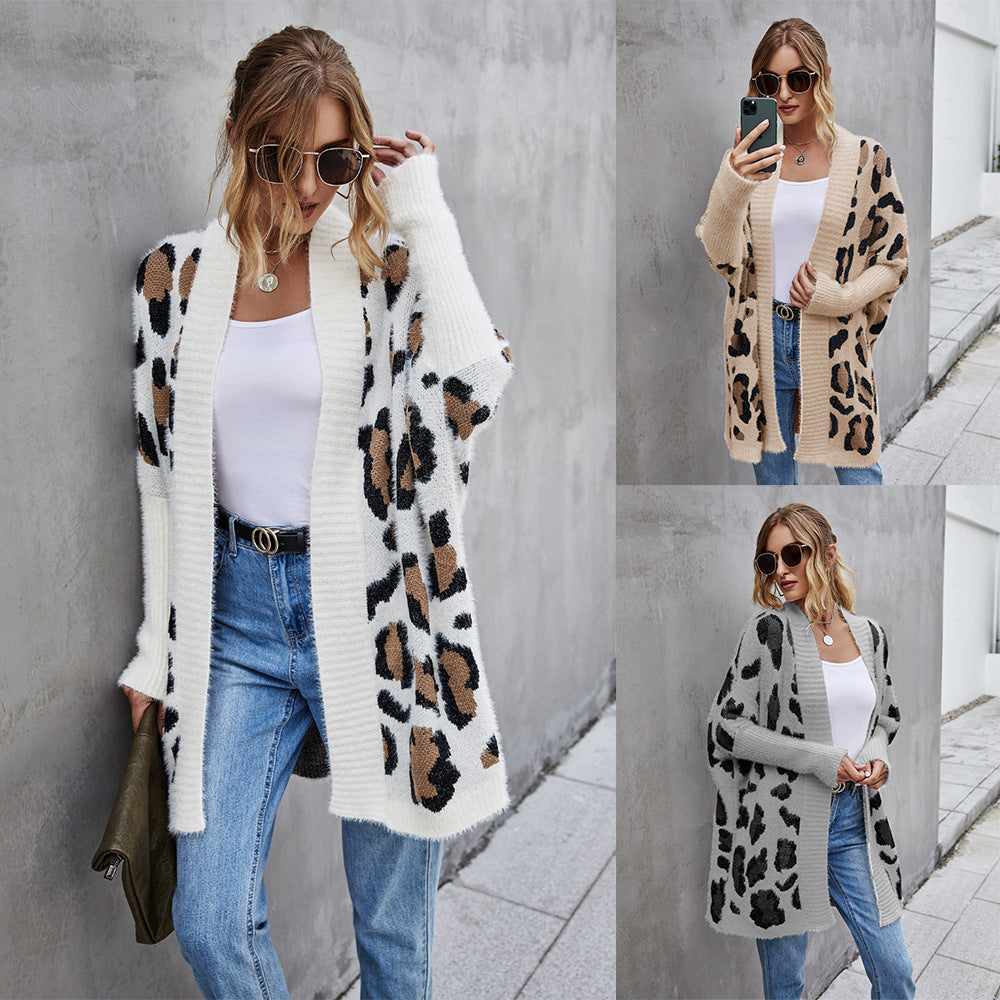 Fashion Leopard Women Knitted Cardigan Sweaters-Khaki-S-Free Shipping Leatheretro