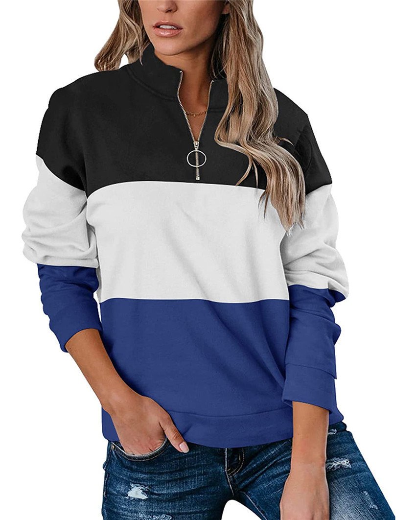 Women Casual Contrast 3 Colors Zipper Neck Fall Hoodies-Shirts & Tops-Blue-S-Free Shipping Leatheretro