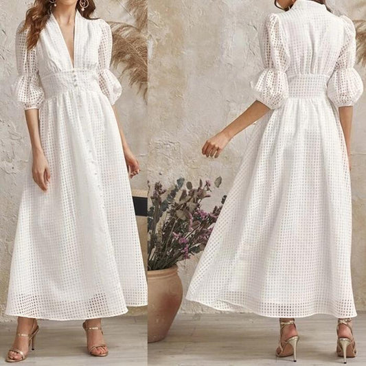 White Classy High Waist Plaid Long Dresses-Maxi Dresses-White-S-Free Shipping Leatheretro