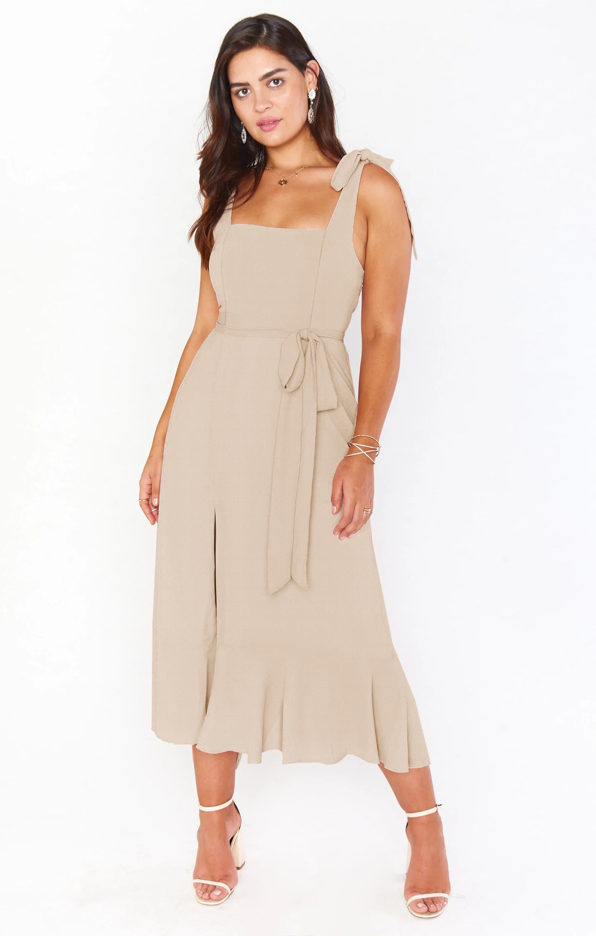 Fashion Summer Split Front Midi Dresses for Women-Dresses-Apricot-S-Free Shipping Leatheretro