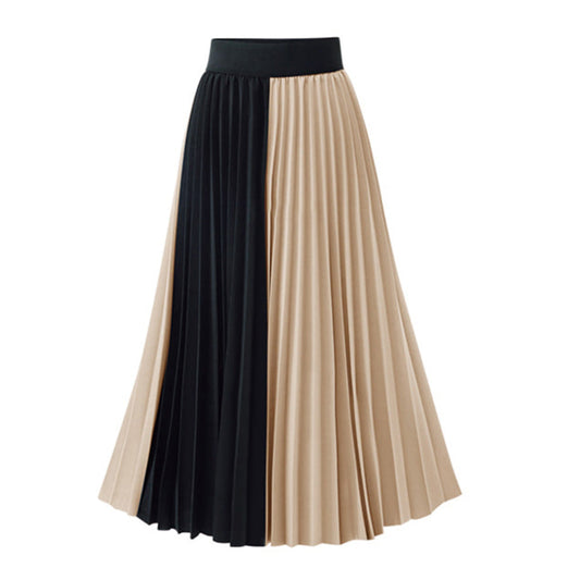 Women Contrast Color Women Pleated Skirts-Skirts-Apricot-One Size-Free Shipping Leatheretro