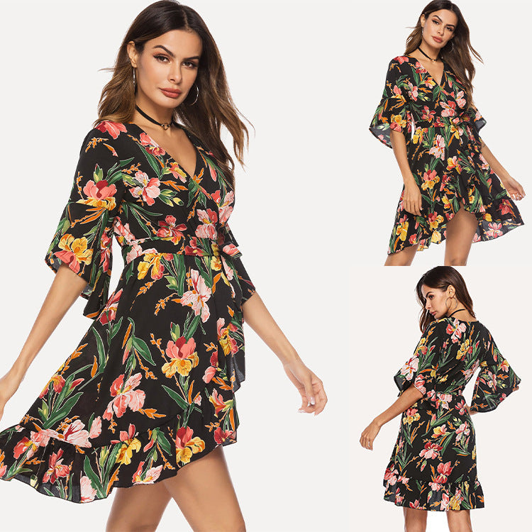 Casual V Neck Floral Print Ruffled Short Daily Dresses-Dresses-Black-S-Free Shipping Leatheretro