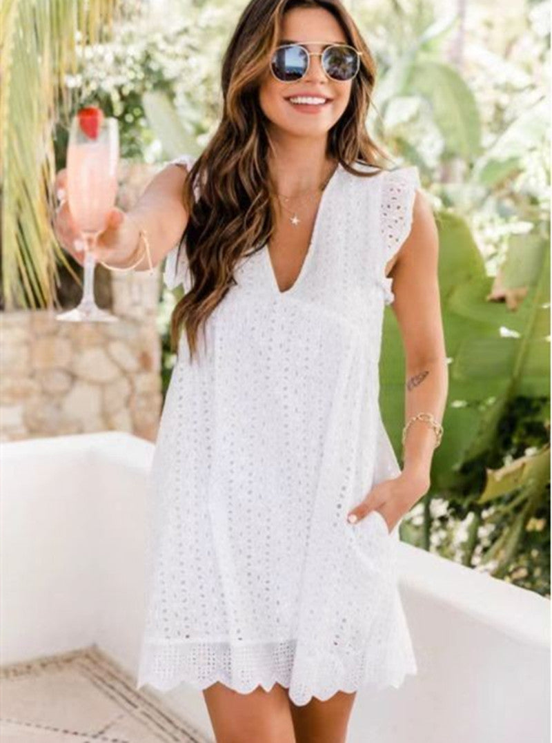 Summer Lace Hollow Out Sleeveless Daily Sun Dresses-Dresses-White-S-Free Shipping Leatheretro