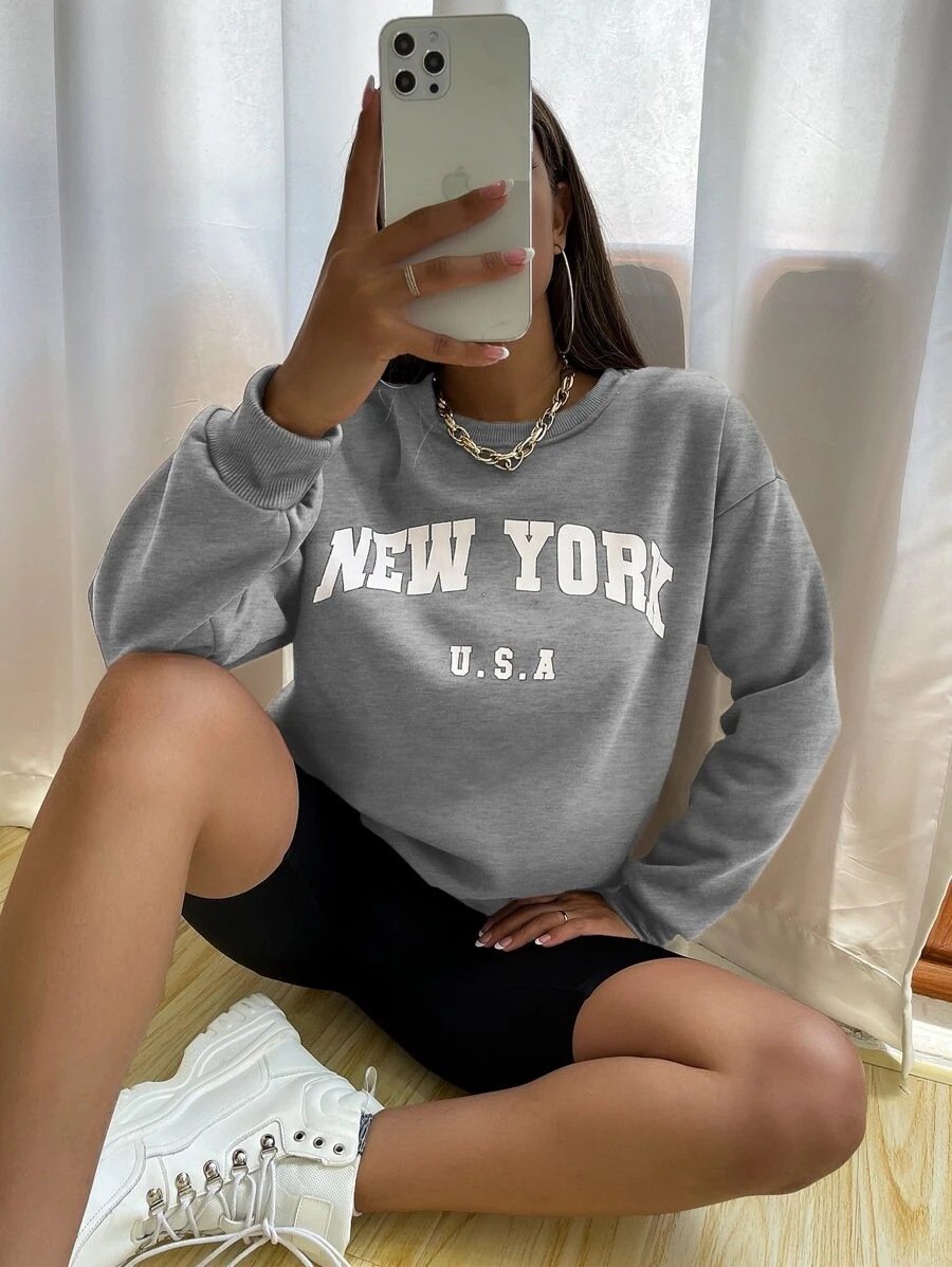 Leisure Women Letter Print Fall Hoodies-Shirts & Tops-Gray-S-Free Shipping Leatheretro