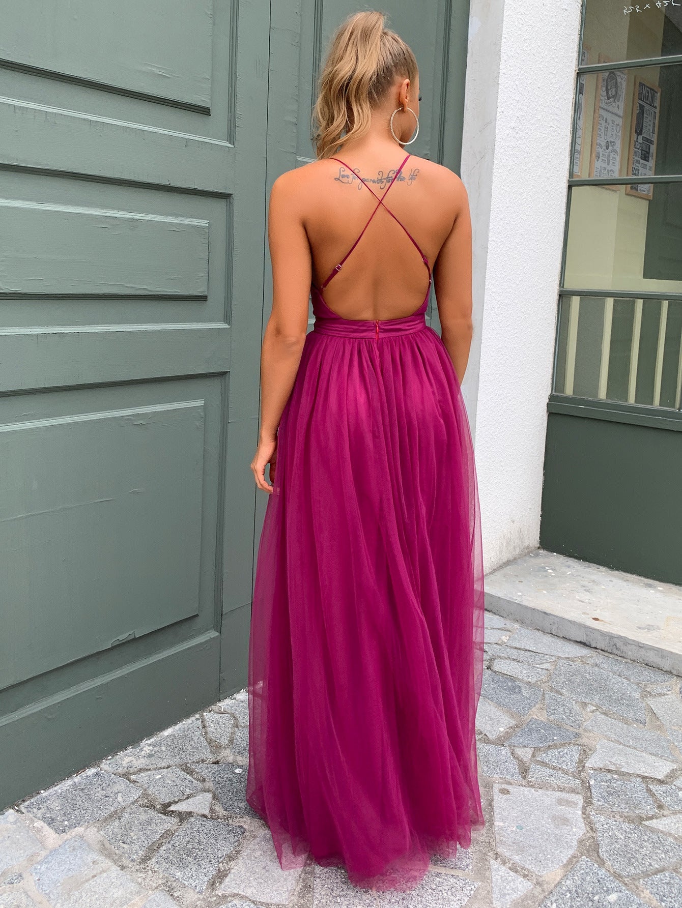 Sexy Backless Tulle Summer Evening Party Dresses-Dresses-Wine Red-US 2-Free Shipping Leatheretro