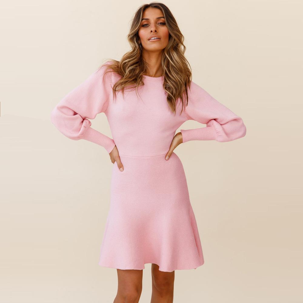 Women Plus Sizes Knitting Winter Dresses-Casual Dresses-Pink-S-Free Shipping Leatheretro