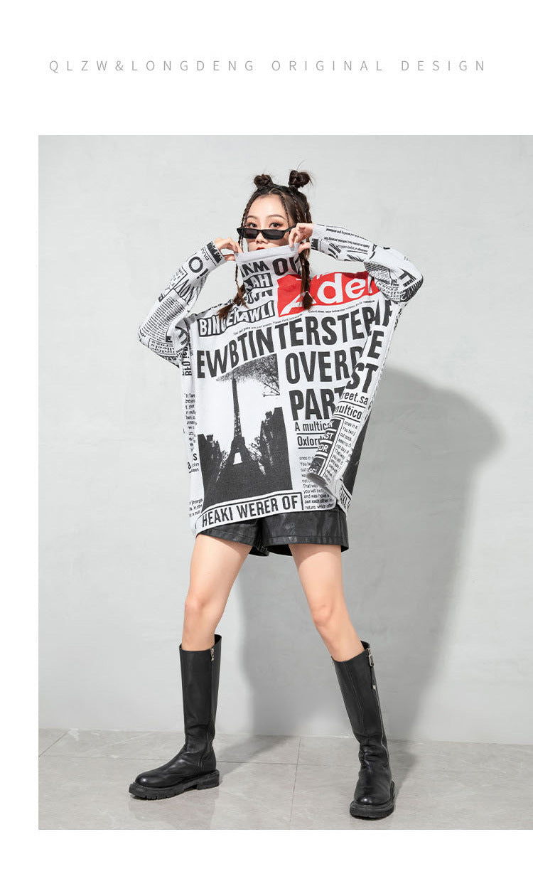 Plus Sizes Turtleneck Newspaper Print Women Sweaters-Women Tops-White-One Size-Free Shipping Leatheretro