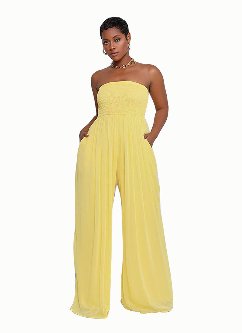 Sexy Strapless High Waist Chiffon Summer Jumpsuits-Suits-Yellow-S-Free Shipping Leatheretro