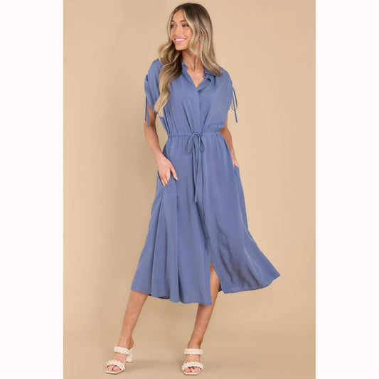 Summer Drawstring Design Midi Dresses-Dresses-Blue-S-Free Shipping Leatheretro