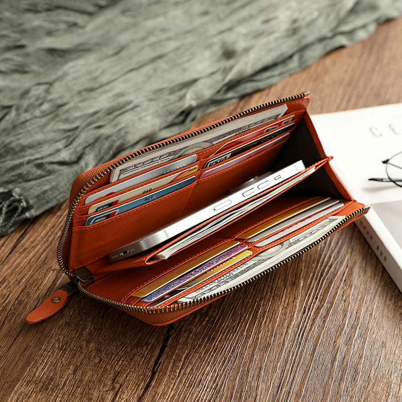 Vintage Vege Tanned Leather Long Zipper Wallets 19055-Handbags, Wallets & Cases-Black-Free Shipping Leatheretro