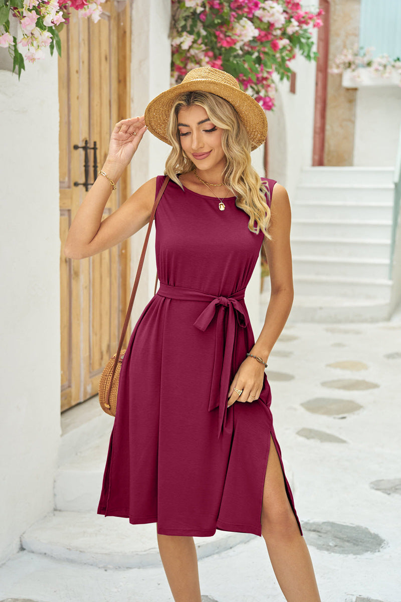 Sexy Summer Split Front Sleeveless Midi Dresses-Dresses-Wine Red-S-Free Shipping Leatheretro