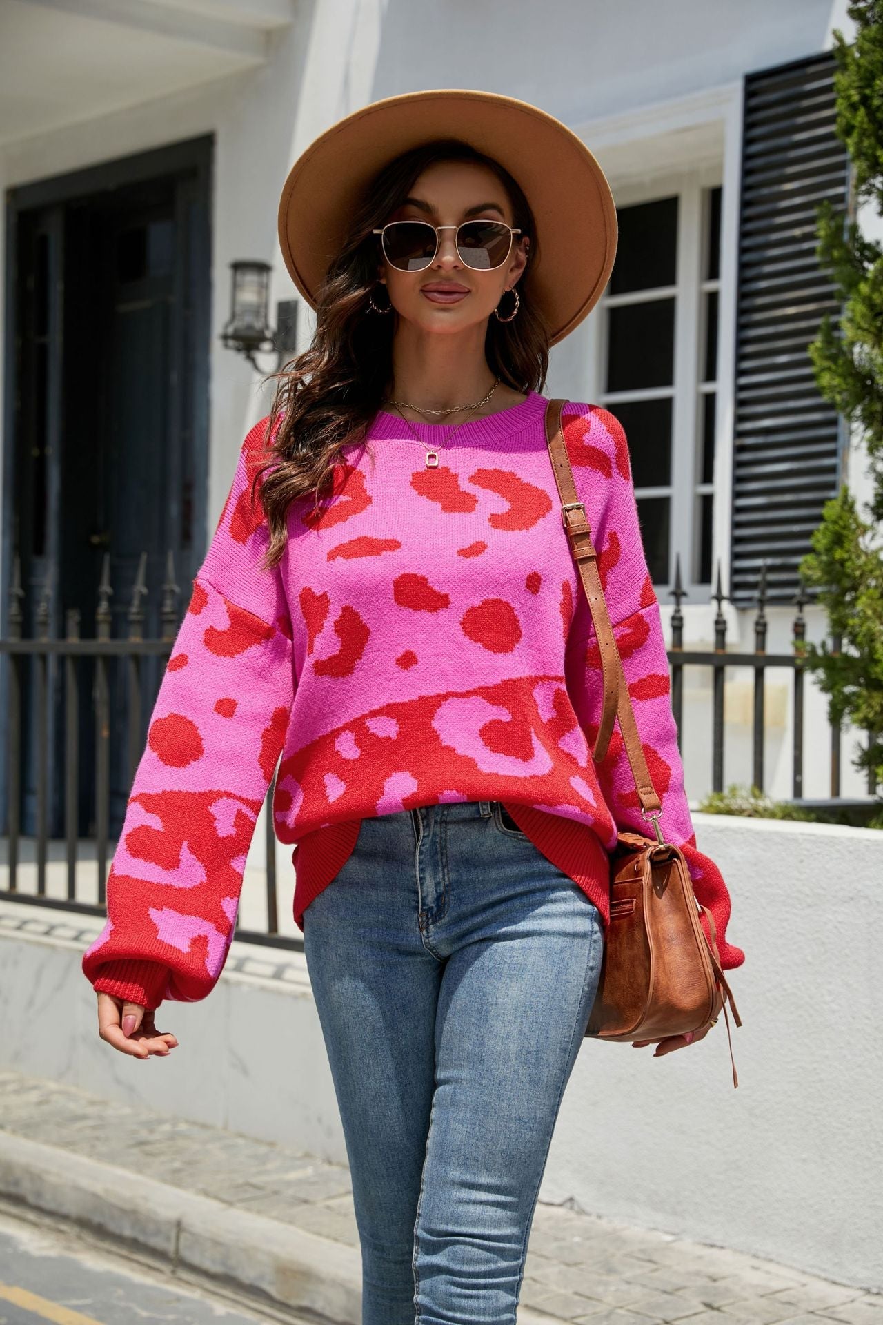 Fashion Round Neck Leopard Knitted Pullover Sweaters-Shirts & Tops-Rose Red-S-Free Shipping Leatheretro