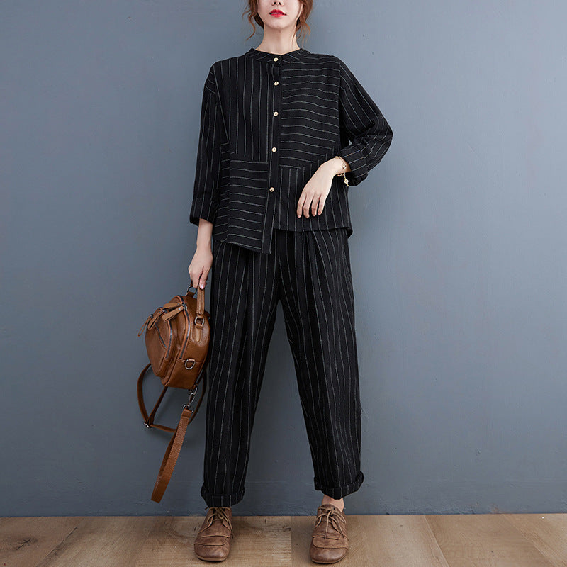 Vintage Striped Linen Plus Sizes Two Pieces Suits-Suits-Black-L-Free Shipping Leatheretro