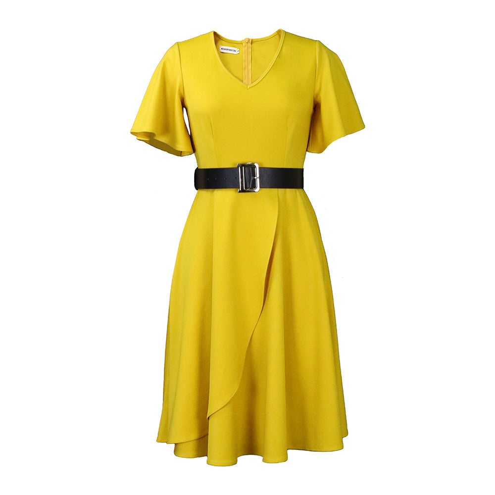 Women Plus Sizes Dresses with Belt-Dresses-Yellow-S-Free Shipping Leatheretro