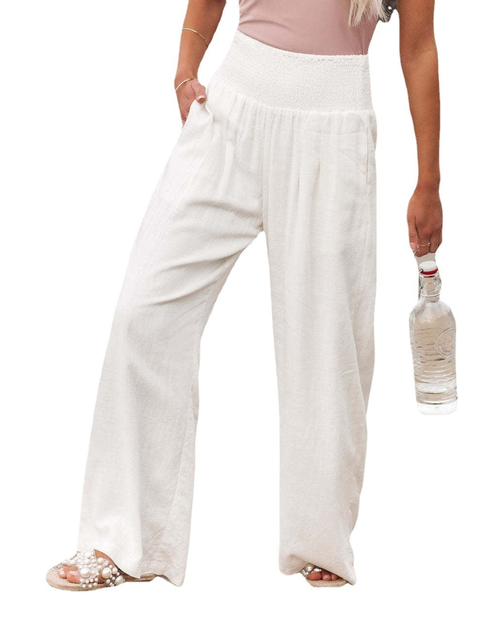 Casual Elastic Waist Linen Wide Legs Pants-Pants-White-S-Free Shipping Leatheretro