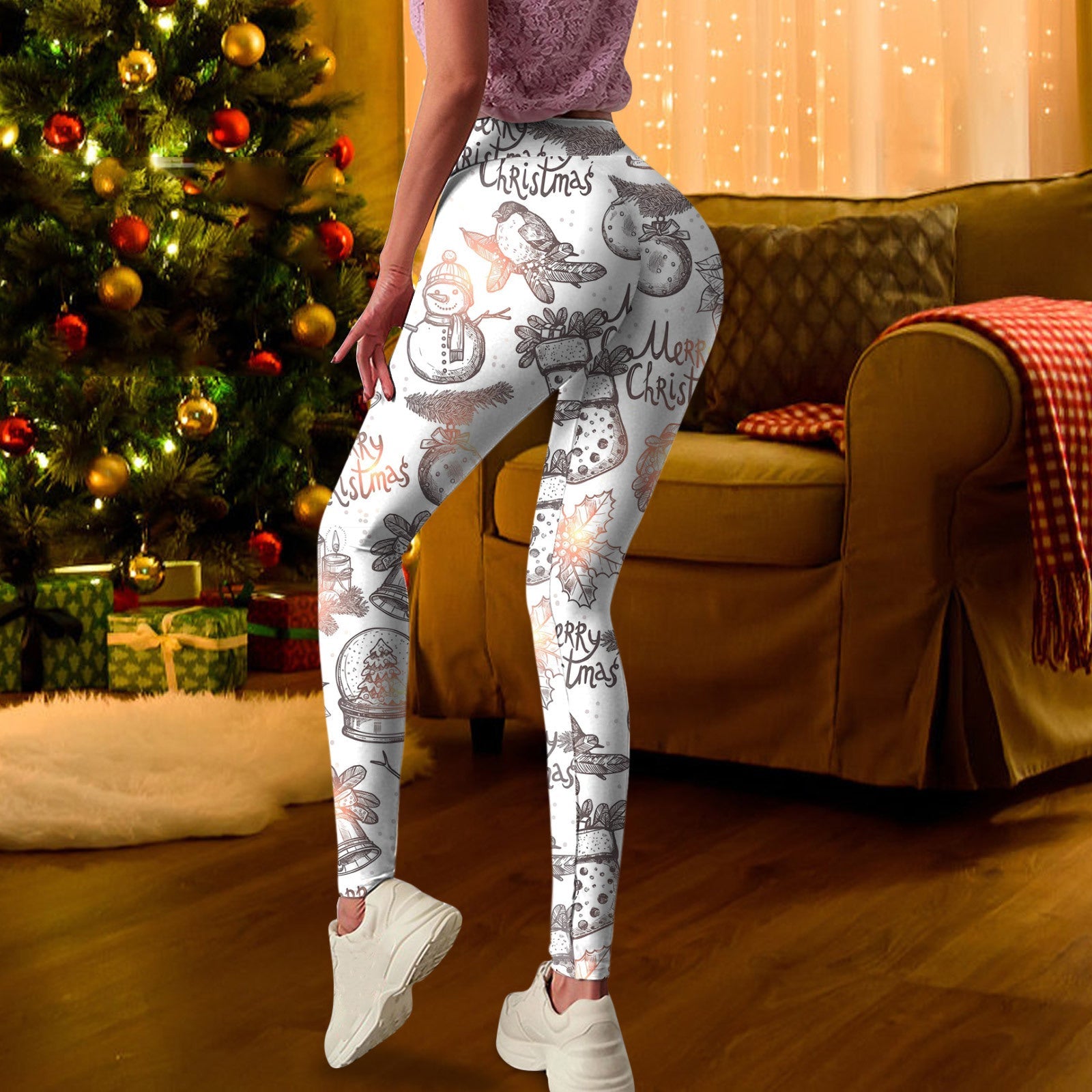 Merry Christmas Elastic High Waist Leggings-Pants-White-S-Free Shipping Leatheretro