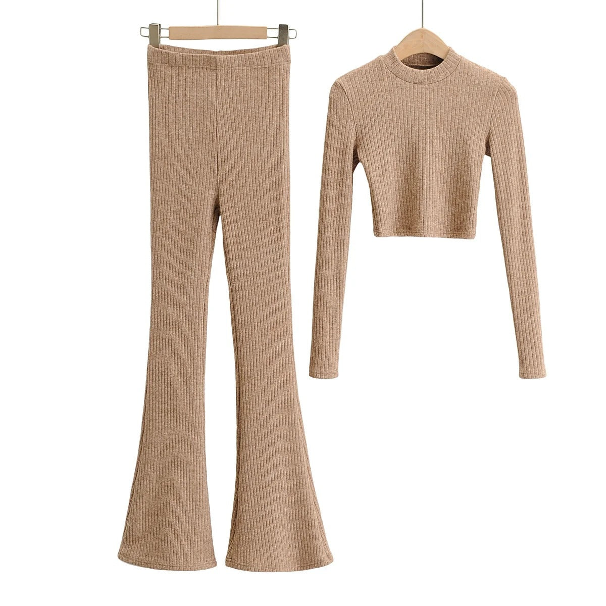 Sexy Women Knitting Midriff Baring Tops And High Waist Pants-Suits-Khaki-S-Free Shipping Leatheretro