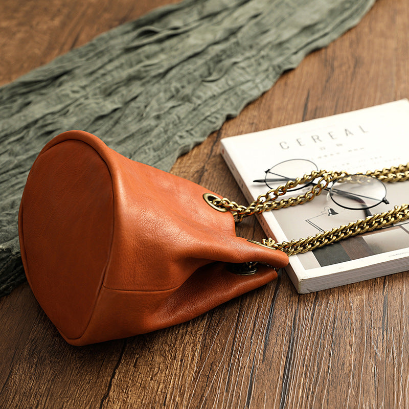 Vintage Vege Tanned Leather Bucket Bag with Chains 21032-Yellow-Free Shipping Leatheretro