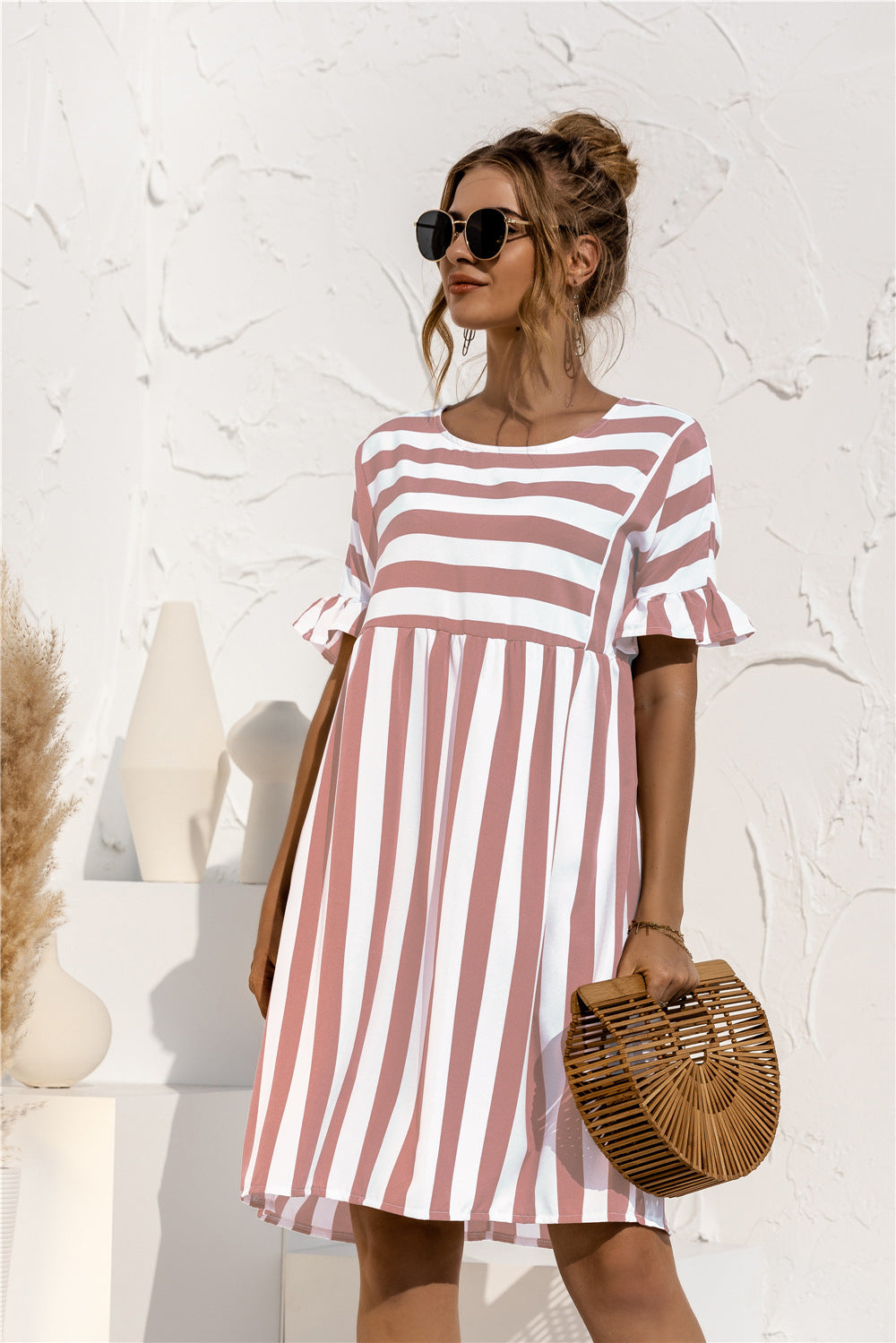 Casual Striped Short Sleeves Summer Daily Dresses-Dresses-Pink-S-Free Shipping Leatheretro