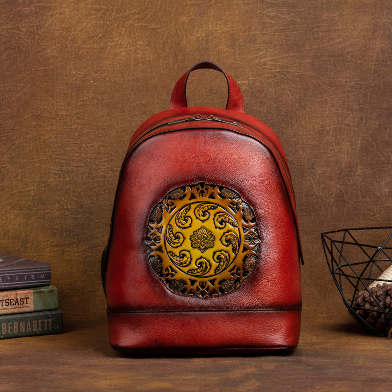 Vintage Vegetable Tanned Leather Embossing Backpack for Women C319-Leather Backpack for Women-Brown-Free Shipping Leatheretro