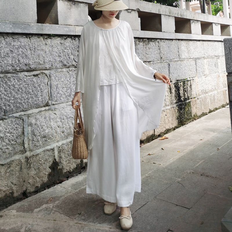 Casual White Long Sleeves Blouses and Linen Pants-Suits-Pants-One Size-Free Shipping Leatheretro