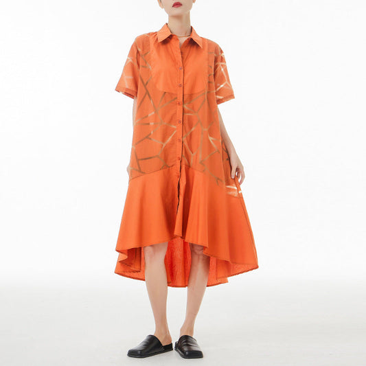 Vintage Summer Short Sleeves Irregular Long Shirts Dresses-Dresses-Orange-One Size-Free Shipping Leatheretro