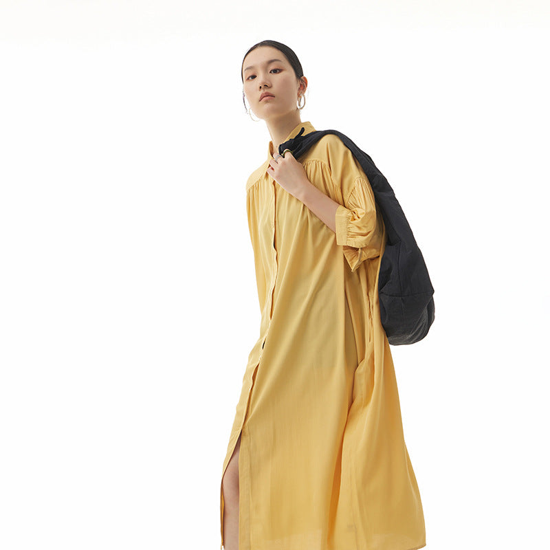 Casual Summer Puff Sleeves Women Shirt Dresses-Dresses-Yellow-One Size-Free Shipping Leatheretro