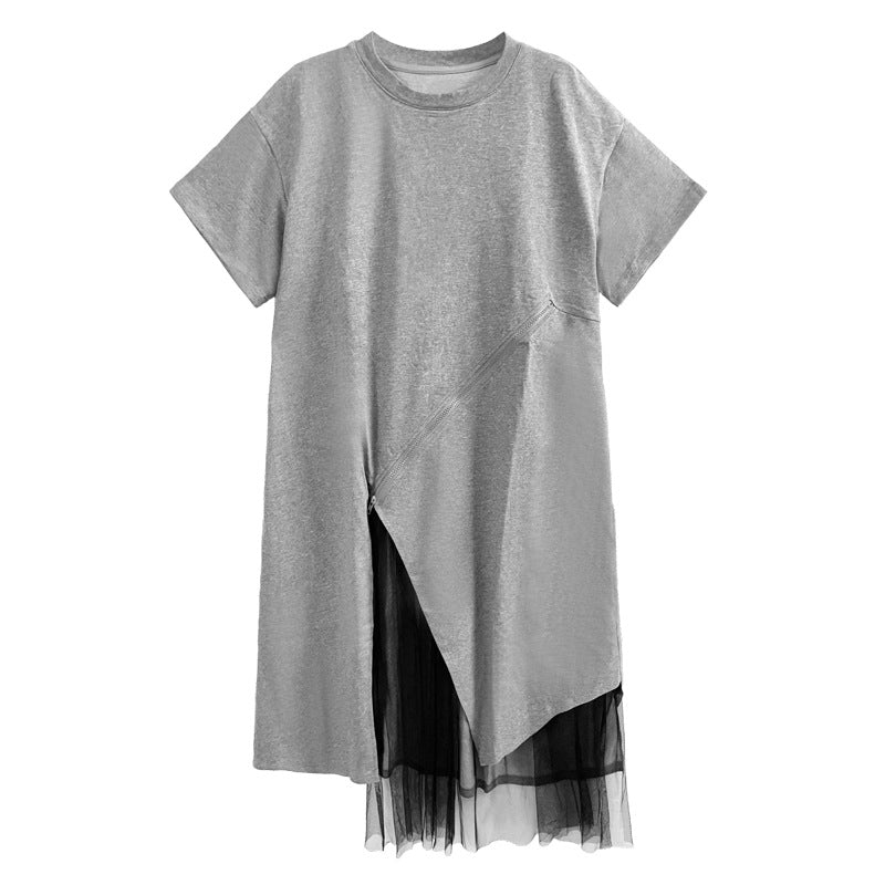 Designed Zipper Summer Short Sleeves T Shirts-Dresses-Gray-One Size-Free Shipping Leatheretro