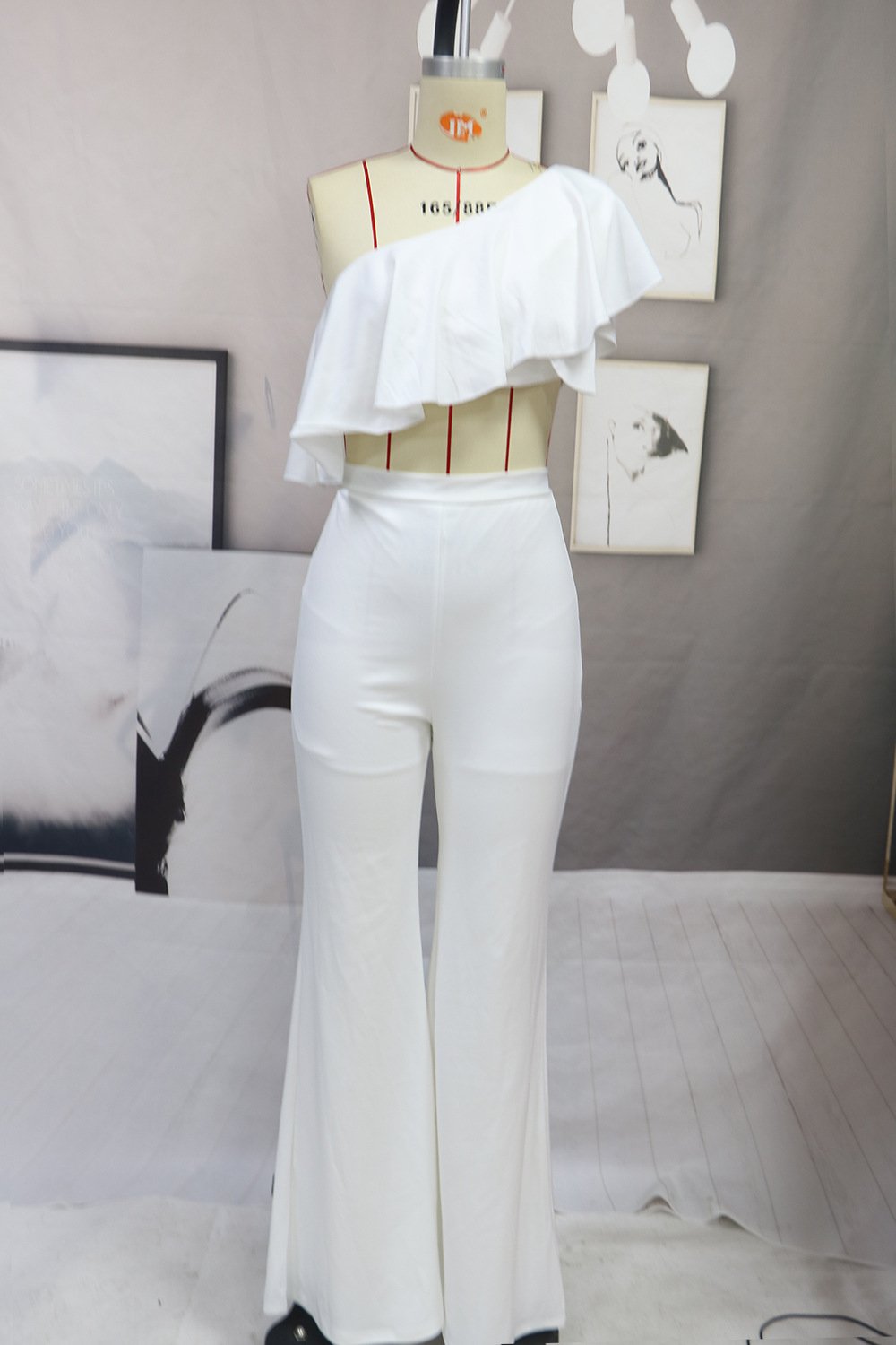 Sexy One Shoulder Midriff Baring Two Pieces Suits-Jumpsuits-White-S-Free Shipping Leatheretro