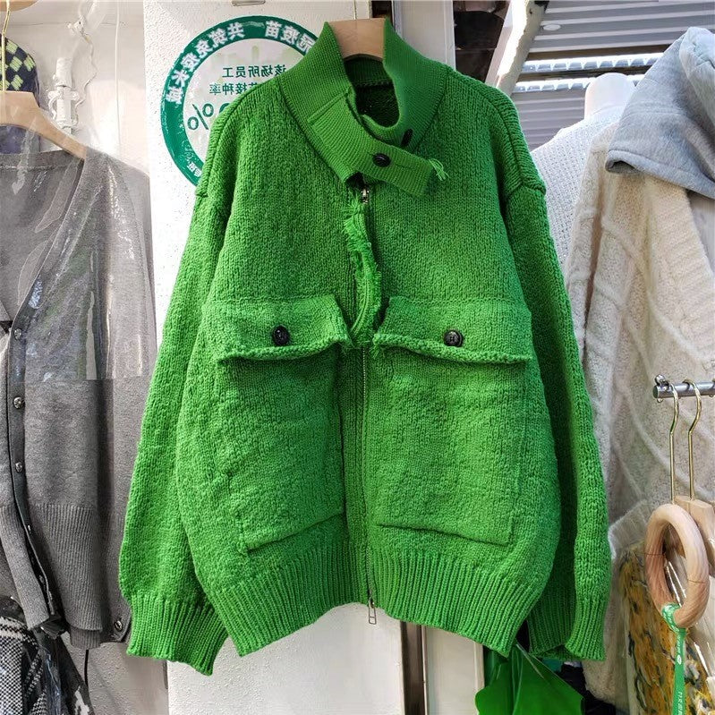 Women Zipper Knitting Cardigan Sweater Coats-Shirts & Tops-Green-One Size-Free Shipping Leatheretro
