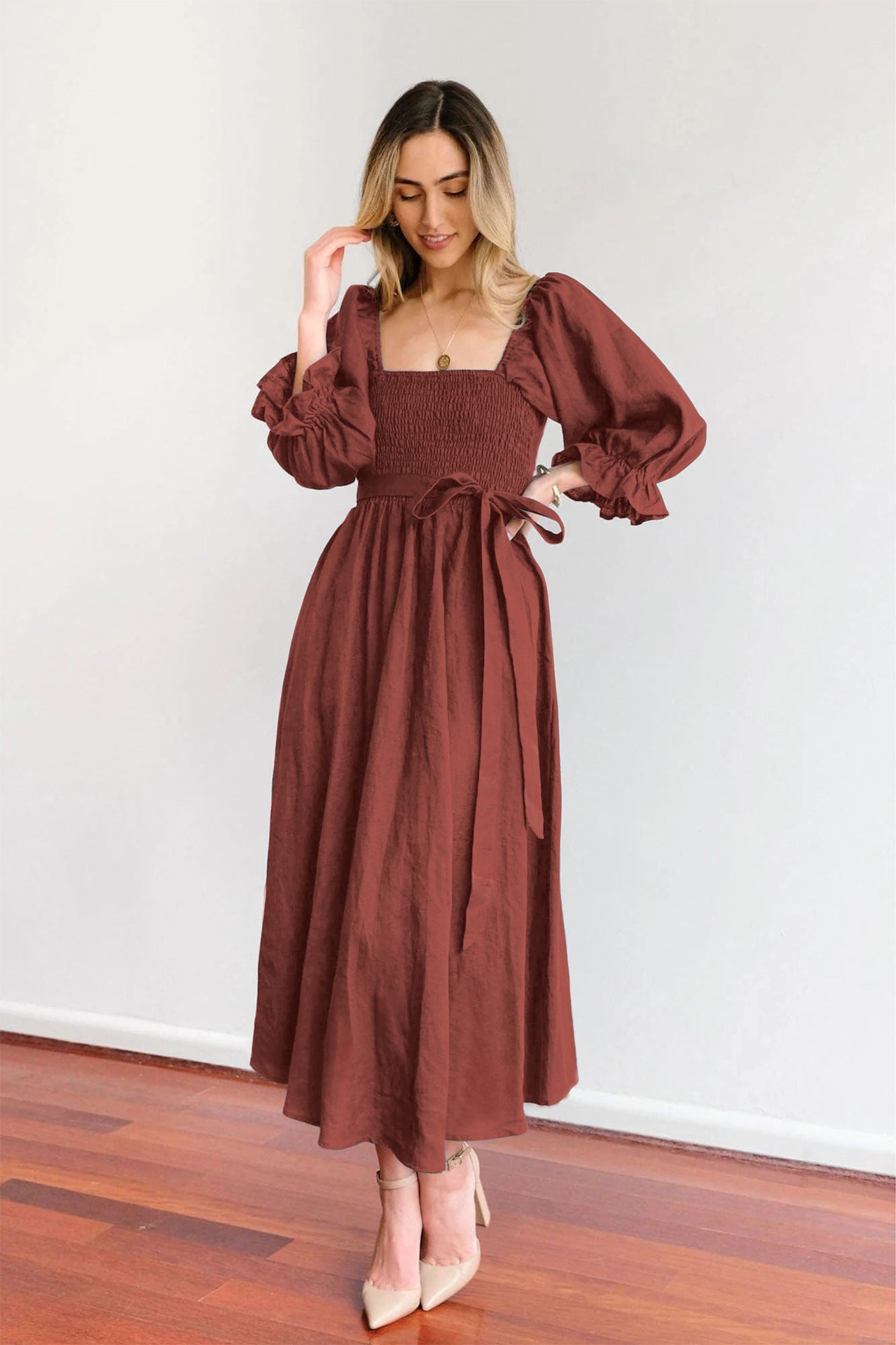 Summer High Waist Long Sleeves Double Sides Midi Dresses-Dresses-Apricot-S-Free Shipping Leatheretro