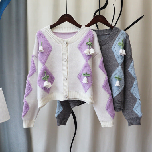 Lovely 3d Flowers Design Knitted Overcoats-Shirts & Tops-Grey-One Size-Free Shipping Leatheretro