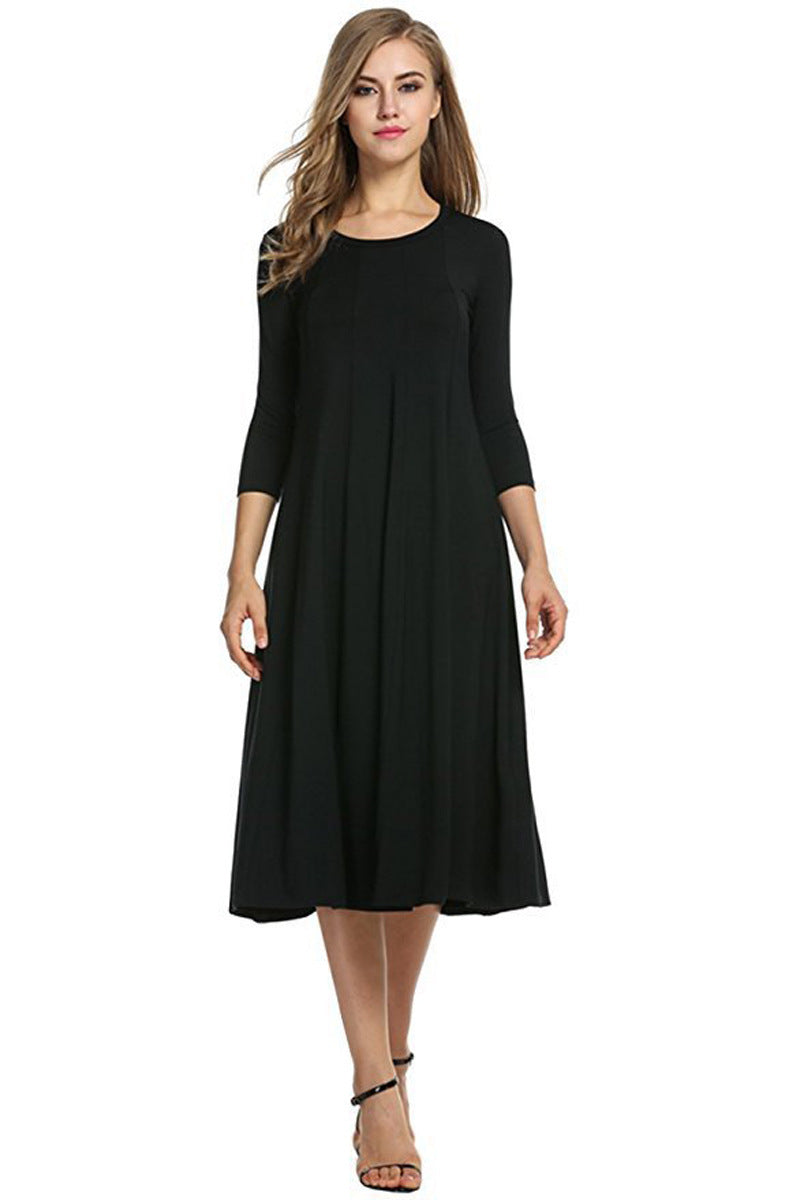 Casual Simple Design Round Neck Midi Dresses-Dresses-Black-S-Free Shipping Leatheretro