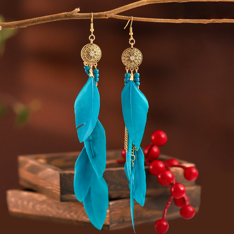Bohemian Feather Design Women Drop Rings-Earrings-Blue-Free Shipping Leatheretro