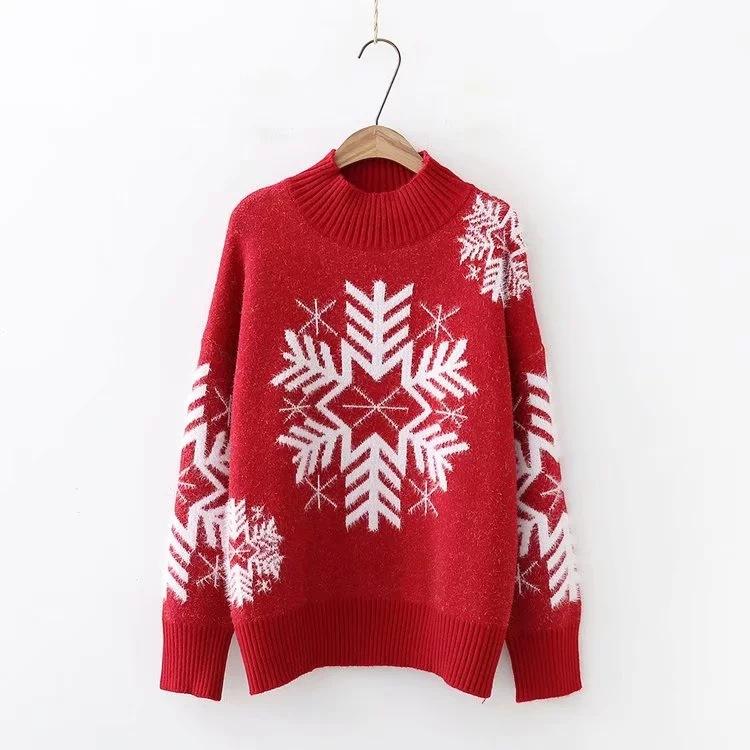 Christmas Snowflake High Neck Knitting Women Sweaters-Shirts & Tops-Red-One Size-Free Shipping Leatheretro