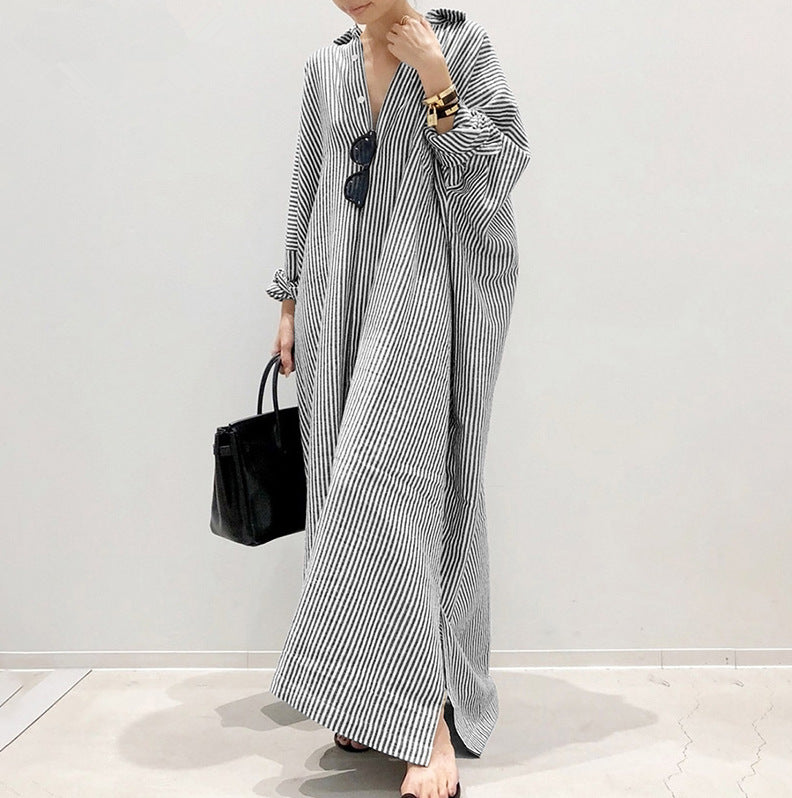 Casual Striped Plus Sizes Irregular Women Long Cozy Dresses-Dresses-Gray-S-Free Shipping Leatheretro