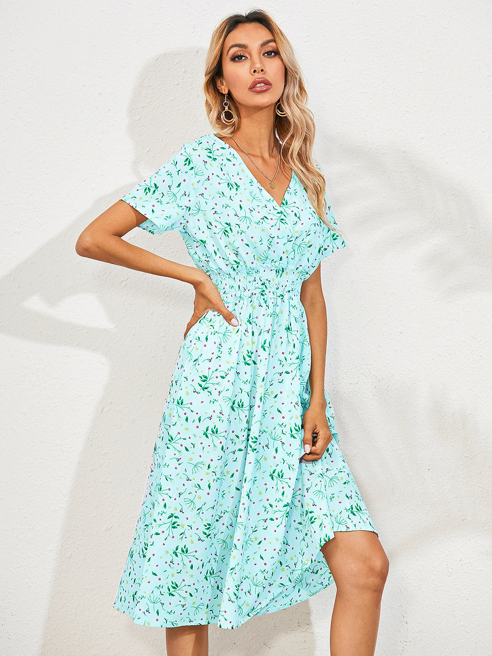Summer Floral Print Short Sleeves Summer Daily Dresses-Dresses-Light Green-S-Free Shipping Leatheretro