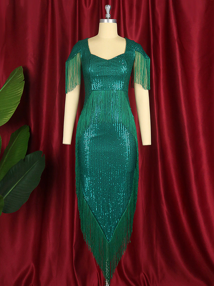 Designed Green Tassels Plus Sizes Party Dresses-Dresses-Green-L-Free Shipping Leatheretro