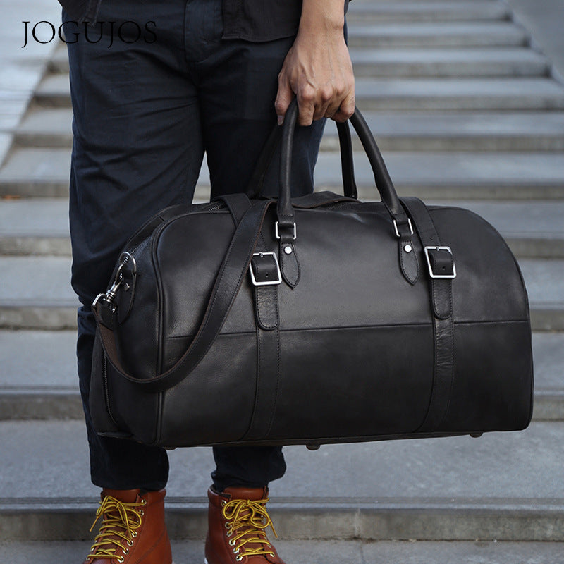 Casual Large Storage Vege Tanned Leather Foldable Traveling Bag 8905-Duffel Bags-Black-Free Shipping Leatheretro