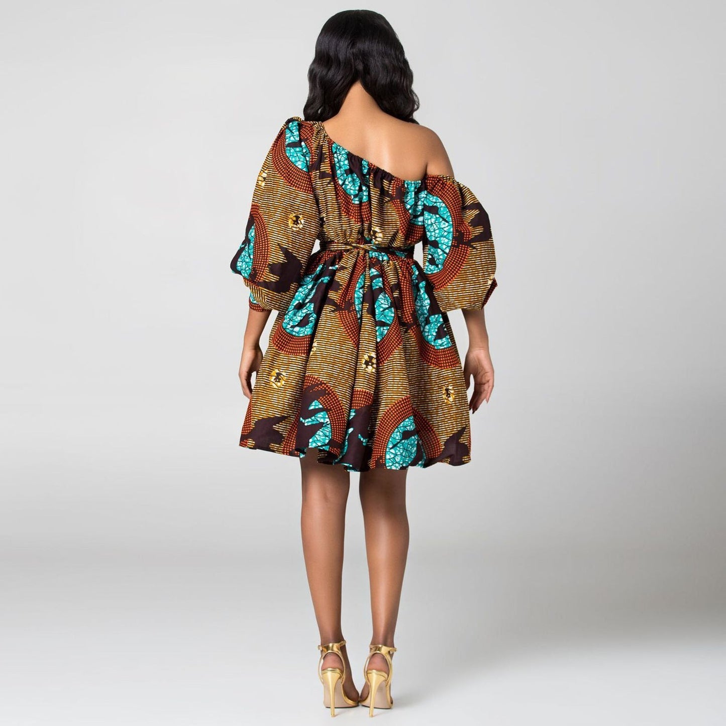 Designed African One Shoulder Long Sleeves Short Dresses-Dresses-80239001-S-Free Shipping Leatheretro