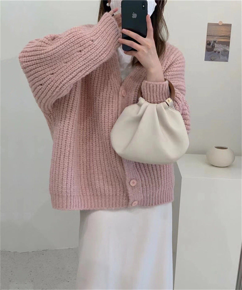 Casual Plus Sizes Knitted Cardigan Sweaters-Shirts & Tops-Pink-One Size-Free Shipping Leatheretro