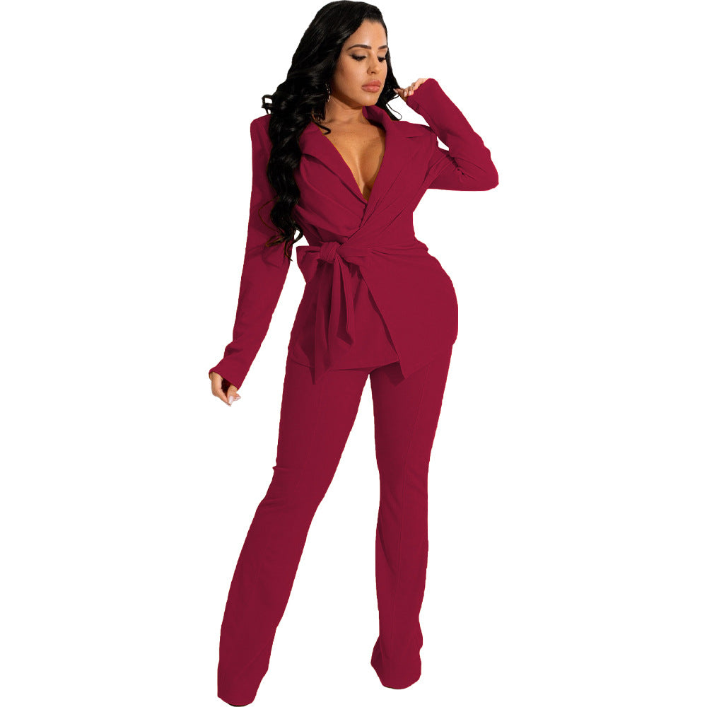 Casual Deep V Neck Women Two Pieces Outfit Sets-Suits-Wine Red-S-Free Shipping Leatheretro